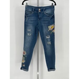 YMI Jeans Size 3 Mid-Rise Ankle Distressed Embroidered Floral‎ Denim